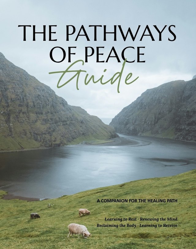 Cover of The Pathways of Peace Guide, showing the same lake and mountains with the subtitle A Companion for the Healing Path.
